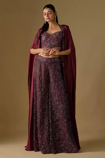 Wine embroidered satin tulle sharara cape set