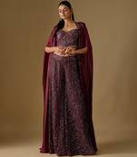 Wine embroidered satin tulle sharara cape set