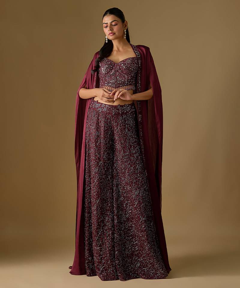 Wine embroidered satin tulle sharara cape set