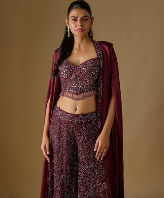 Wine embroidered satin tulle sharara cape set 2