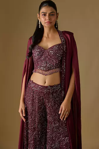 Wine embroidered satin tulle sharara cape set