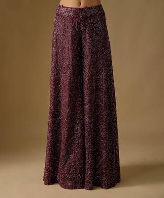 Wine embroidered satin tulle sharara cape set 3