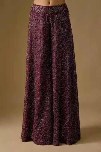 Wine embroidered satin tulle sharara cape set