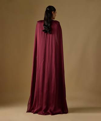 Wine embroidered satin tulle sharara cape set 4