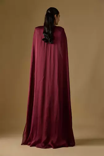 Wine embroidered satin tulle sharara cape set