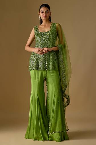 Olive green embroidered satin tulle sharara set