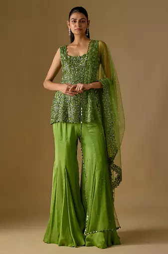 Olive green embroidered satin tulle sharara set