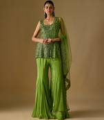 Olive green embroidered satin tulle sharara set