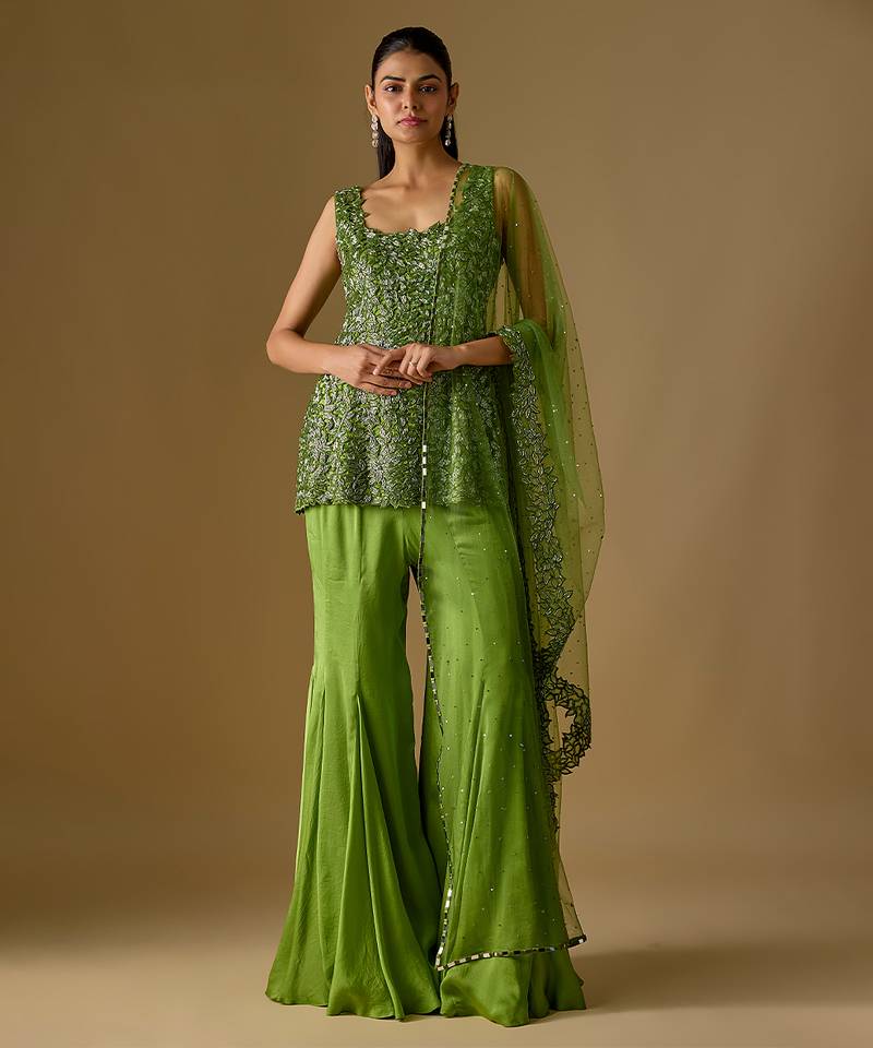Olive green embroidered satin tulle sharara set