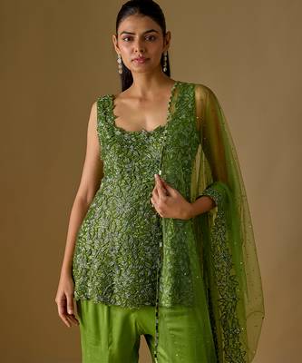 Olive green embroidered satin tulle sharara set 2