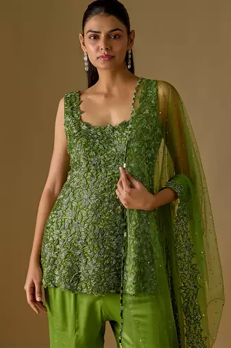 Olive green embroidered satin tulle sharara set