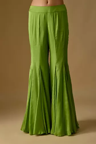 Olive green embroidered satin tulle sharara set