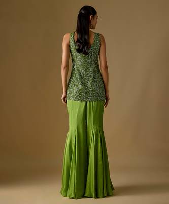 Olive green embroidered satin tulle sharara set 4