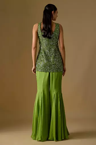 Olive green embroidered satin tulle sharara set