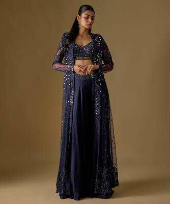 Navy blue embroidered satin tulle jacket sharara set 1