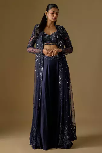 Navy blue embroidered satin tulle jacket sharara set