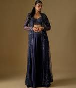 Navy blue embroidered satin tulle jacket sharara set