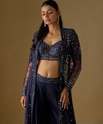 Navy blue embroidered satin tulle jacket sharara set 2