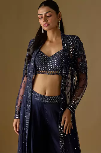 Navy blue embroidered satin tulle jacket sharara set