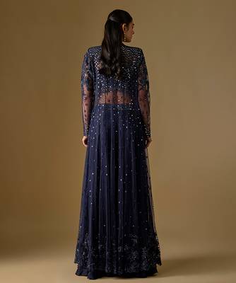 Navy blue embroidered satin tulle jacket sharara set 3