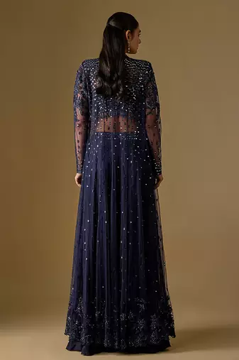 Navy blue embroidered satin tulle jacket sharara set