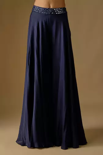 Navy blue embroidered satin tulle jacket sharara set