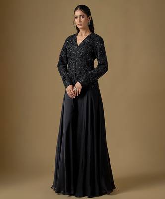 Black embroidered satin tulle jacket sharara set 1