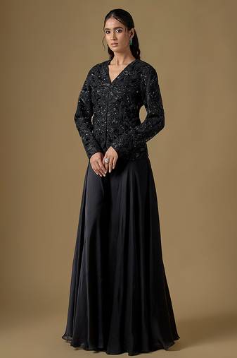 Black embroidered satin tulle jacket sharara set