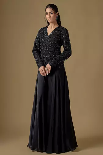 Black embroidered satin tulle jacket sharara set