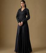 Black embroidered satin tulle jacket sharara set