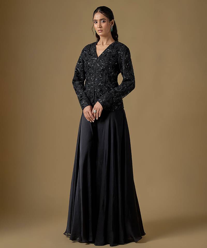 Black embroidered satin tulle jacket sharara set