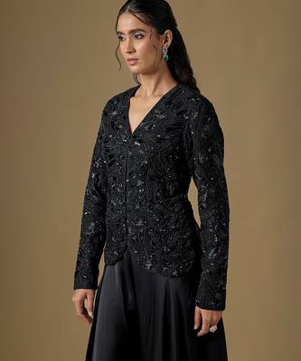 Black embroidered satin tulle jacket sharara set 3