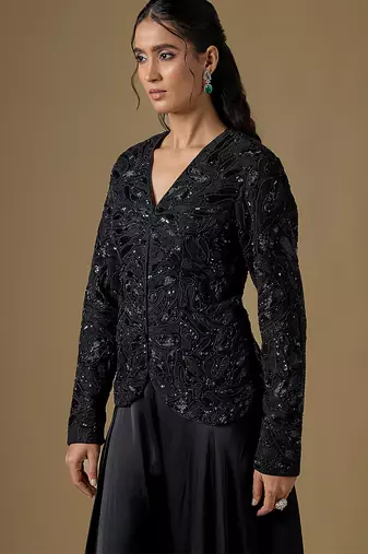 Black embroidered satin tulle jacket sharara set