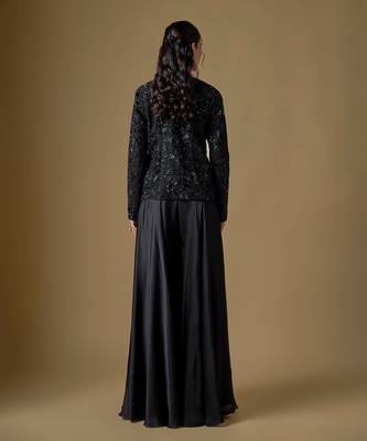 Black embroidered satin tulle jacket sharara set 4