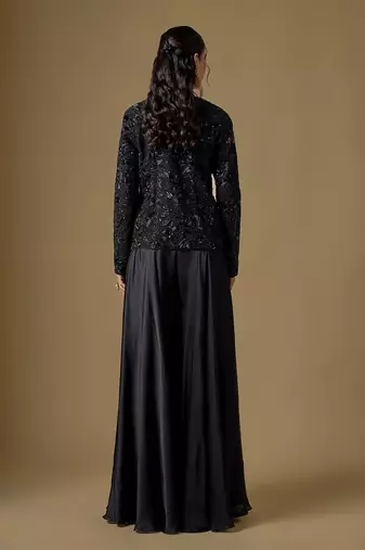 Black embroidered satin tulle jacket sharara set