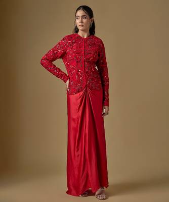 Red embroidered satin tulle jacket drape skirt set 1