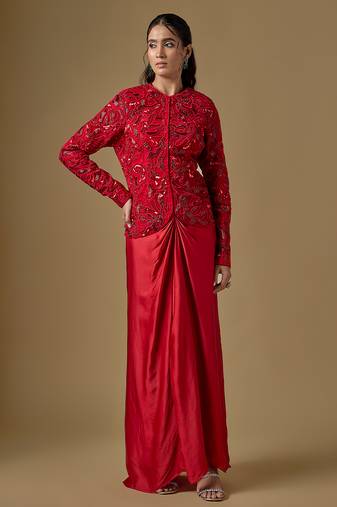 Red embroidered satin tulle jacket drape skirt set