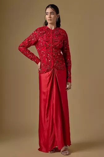 Red embroidered satin tulle jacket drape skirt set