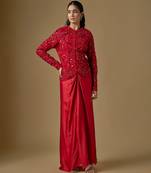 Red embroidered satin tulle jacket drape skirt set