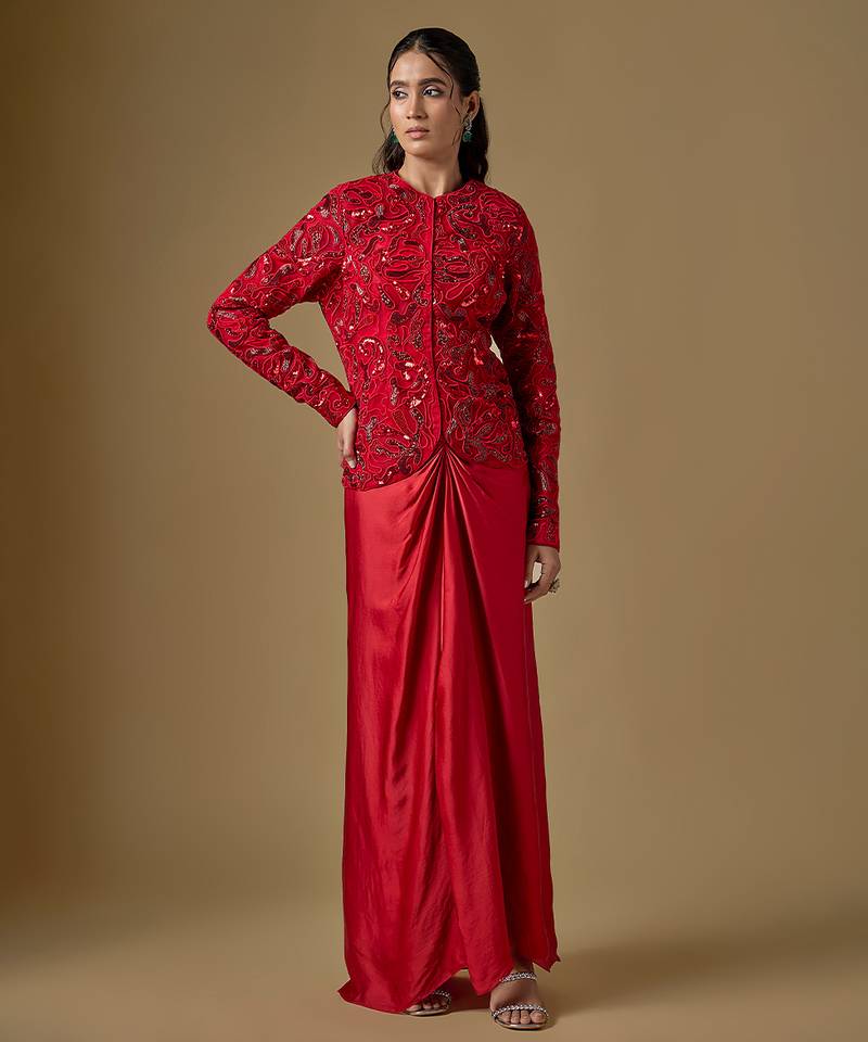 Red embroidered satin tulle jacket drape skirt set