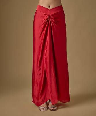 Red embroidered satin tulle jacket drape skirt set 2