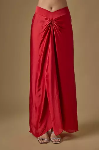 Red embroidered satin tulle jacket drape skirt set