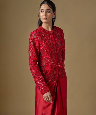 Red embroidered satin tulle jacket drape skirt set 3
