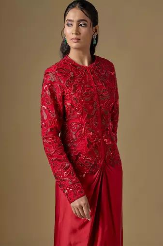 Red embroidered satin tulle jacket drape skirt set