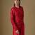 Red embroidered satin tulle jacket drape skirt set