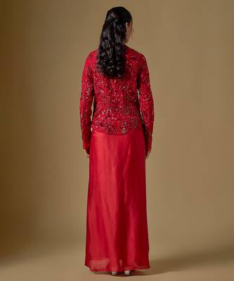 Red embroidered satin tulle jacket drape skirt set 4