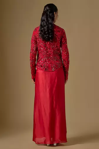 Red embroidered satin tulle jacket drape skirt set