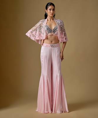 Baby pink embroidered satin tulle sharara cape set 1