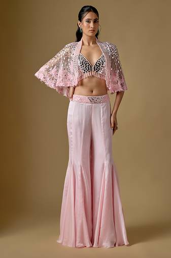 Baby pink embroidered satin tulle sharara cape set