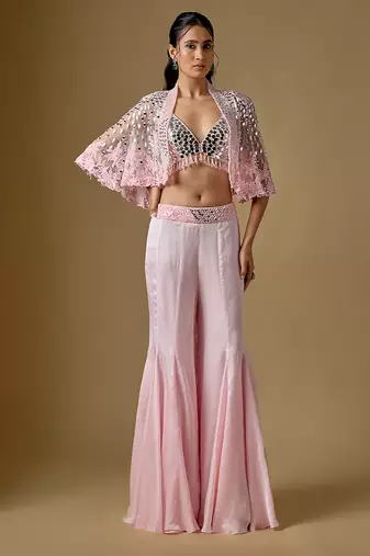 Baby pink embroidered satin tulle sharara cape set